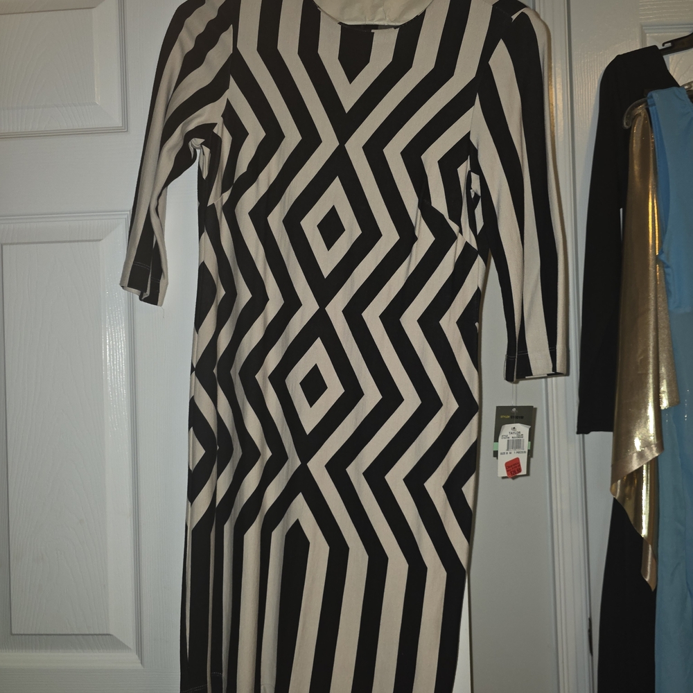 Taylor Black & White Optical-Stripe Long Sleeve Dress